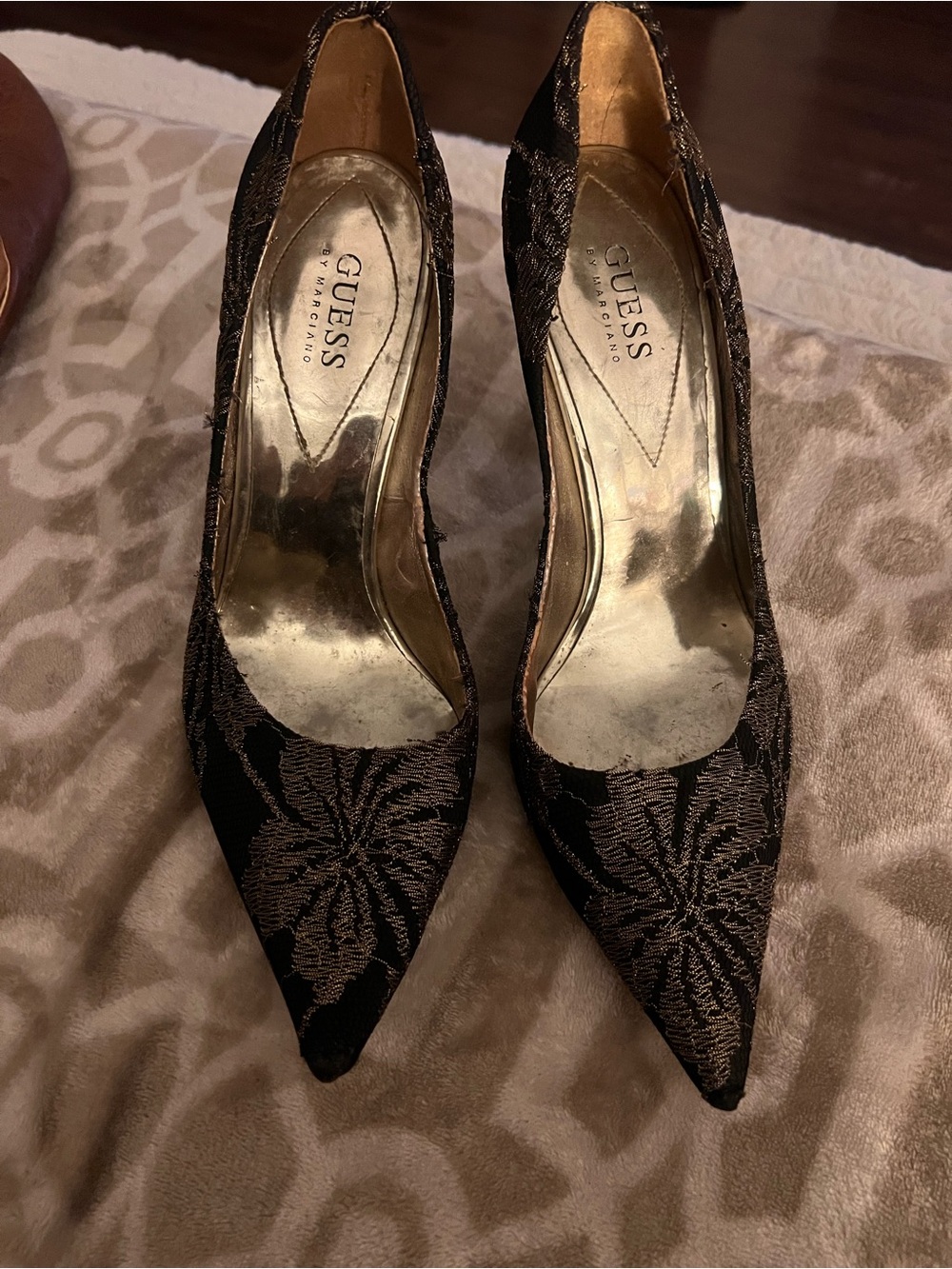 Vintage GUESS Black Pumps with Bronze Floral Embroidery